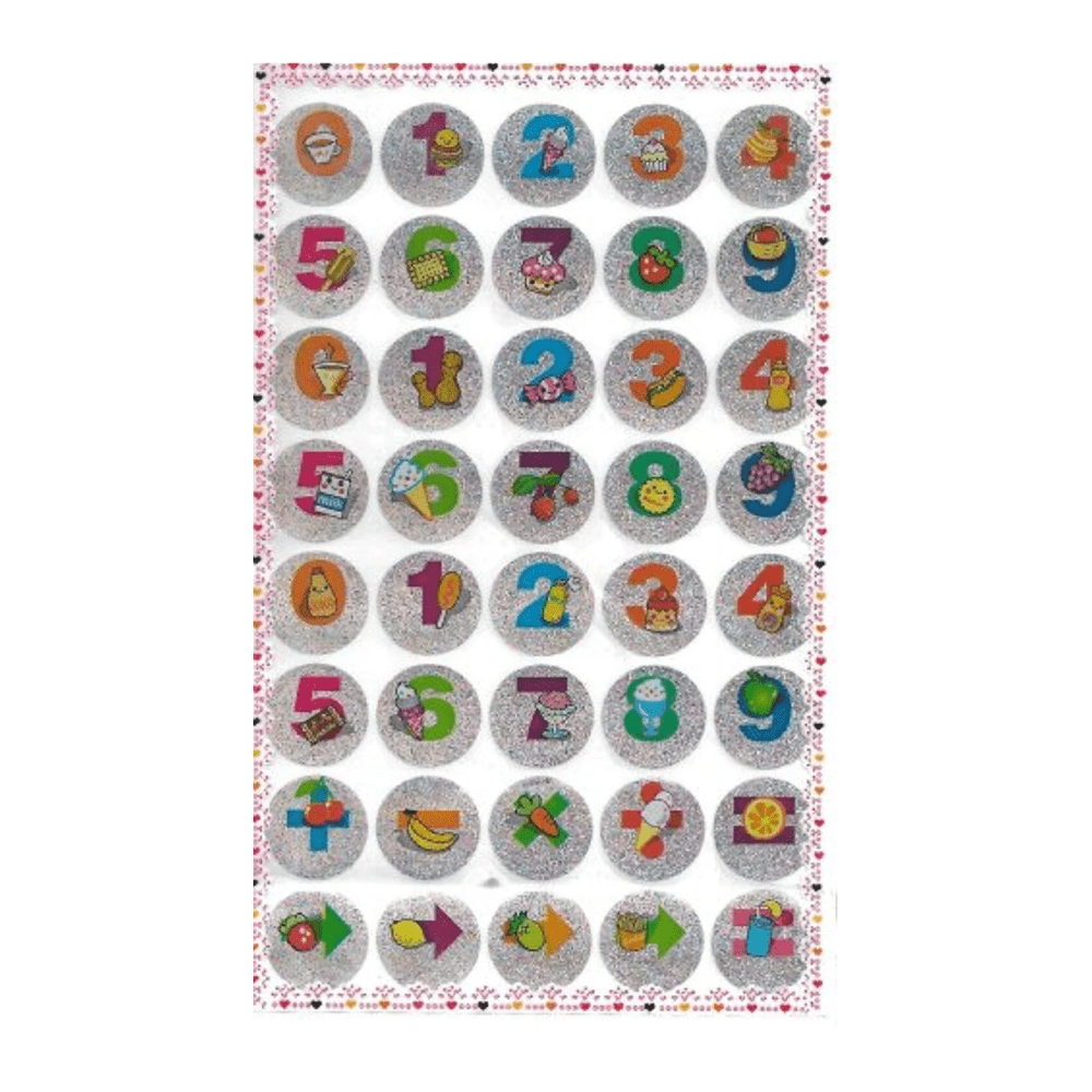 10 Sheets of Cute Fruit Dessert Numbers Glittered Stickers (400 stickers) - PartyErasers