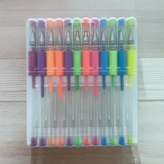 12 pack of Flouresent Neon Colour Glitter Gel Pens for Home School Office - PartyErasers