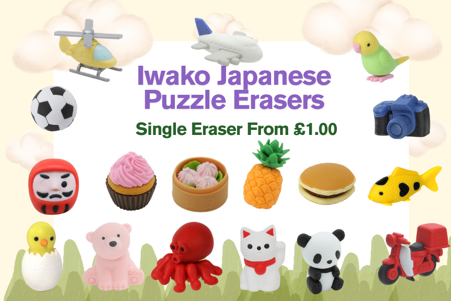 Iwako Japanese Puzzle Erasers with various shapes and designs on a colorful background.