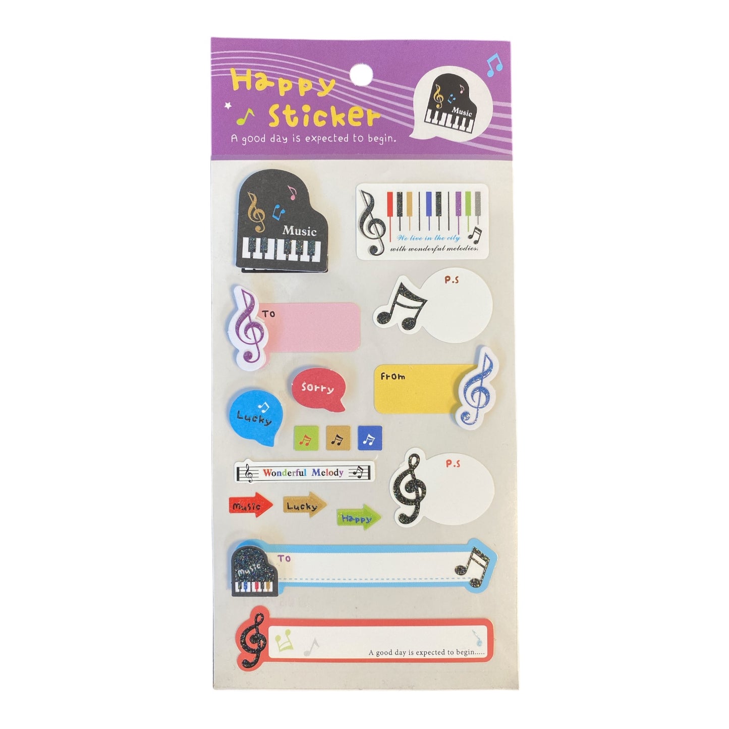 Music Themed Happy Stickers - Purple Header
