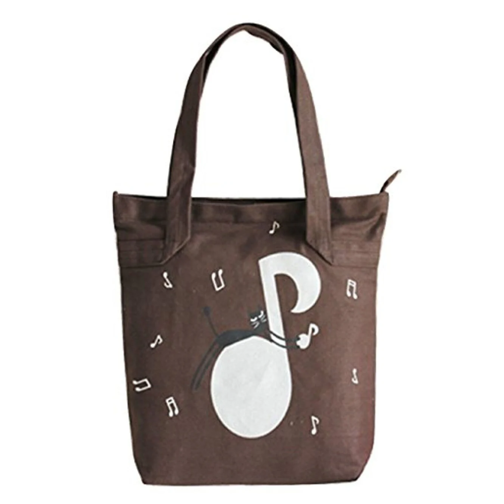 Music Themed Brown Tote Bag with Black Cat and Music Note