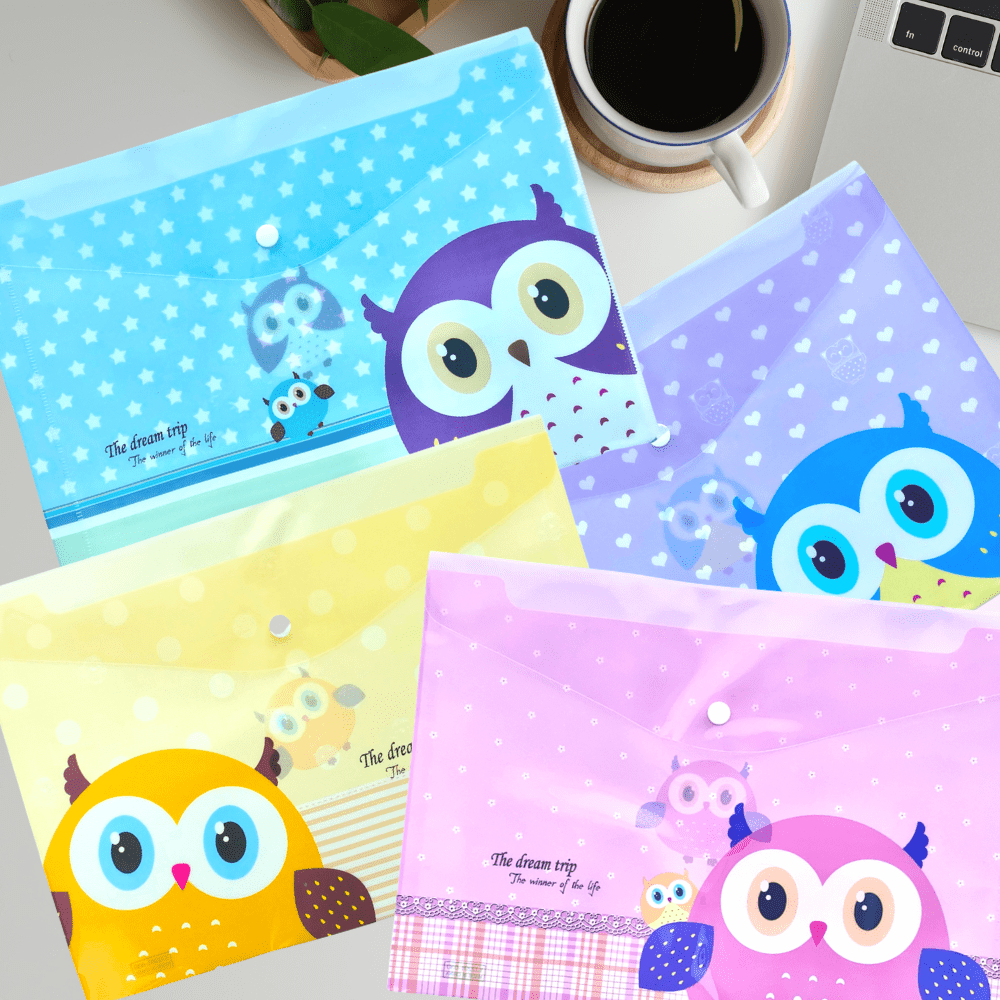 A4 Plastic Press Stud Document Wallets File Folders Filing - Cute Owl - PartyErasers