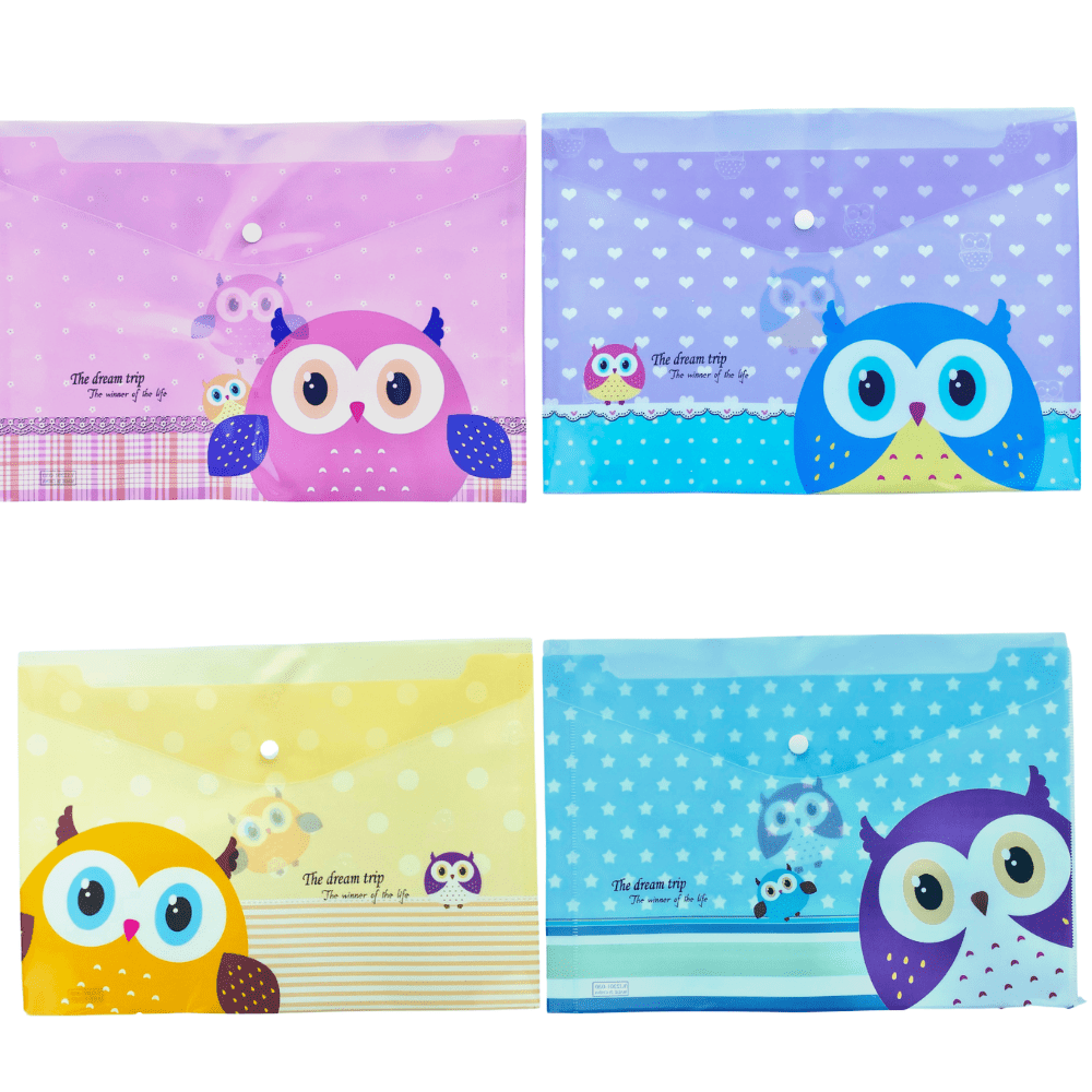A4 Plastic Press Stud Document Wallets File Folders Filing - Cute Owl - PartyErasers