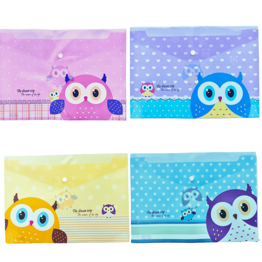 A4 Plastic Press Stud Document Wallets File Folders Filing - Cute Owl - PartyErasers