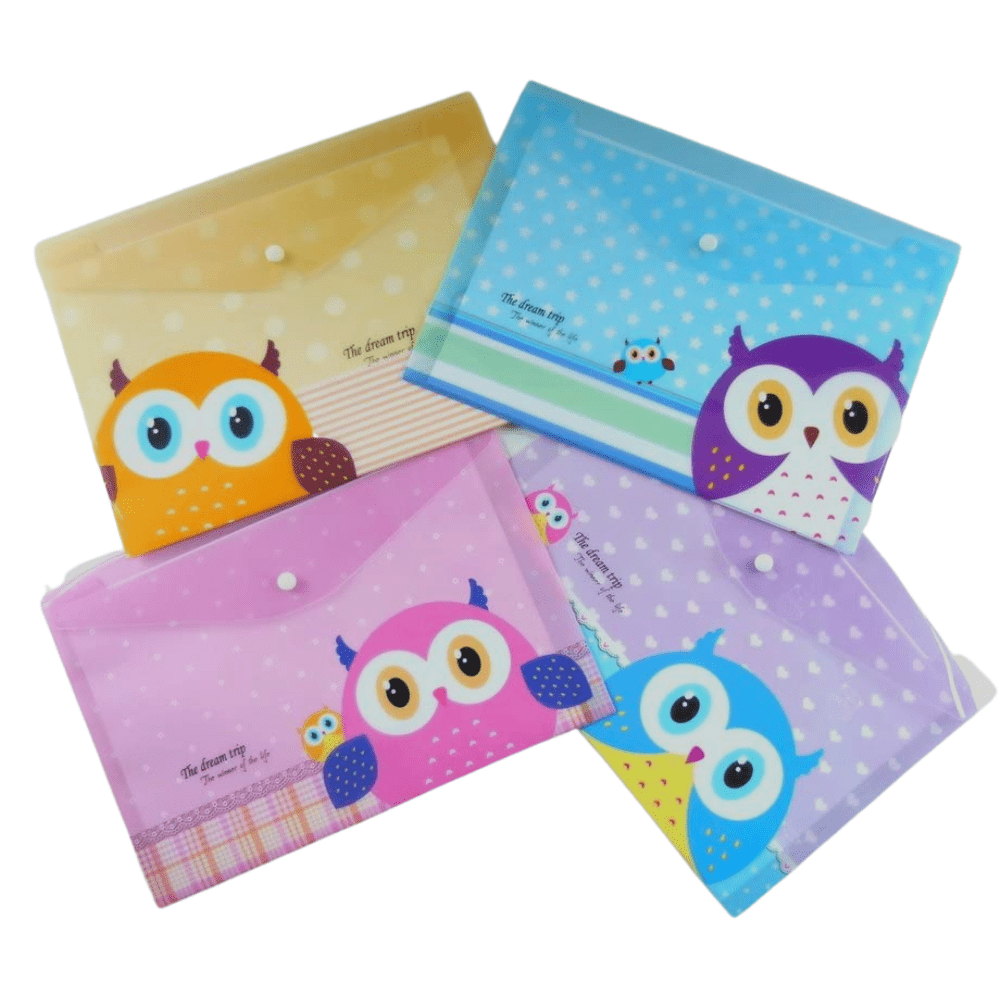 A4 Plastic Press Stud Document Wallets File Folders Filing - Cute Owl - PartyErasers