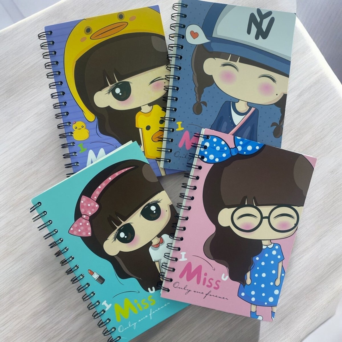 Cute Cartoon Girl (I miss u) A5 Spiral Notebook Ruled 140pp Wired Jotter Pad - PartyErasers