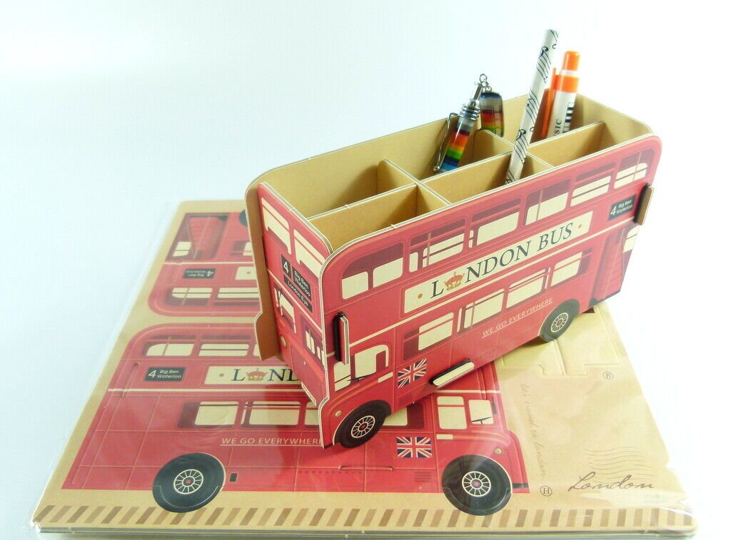 Desk Organiser Pencil Holder DIY Board Box with Compartments - London Bus - PartyErasers