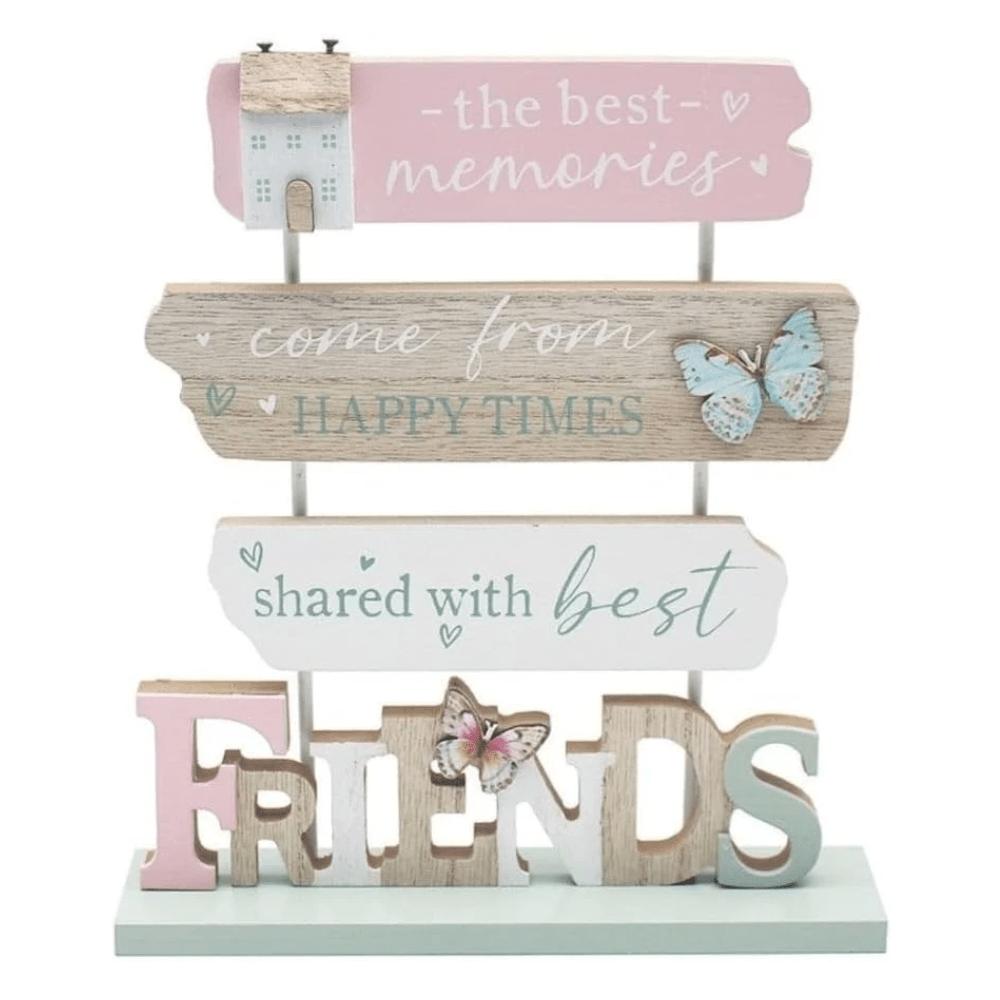 Friends Wooden Plaque Sign with Butterfly Decoration –Freestanding Home Ornament - PartyErasers