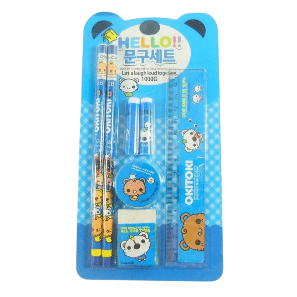 Kawaii Stationery Set - Okitoki 7 pieces Stationery Set (Blue) - PartyErasers