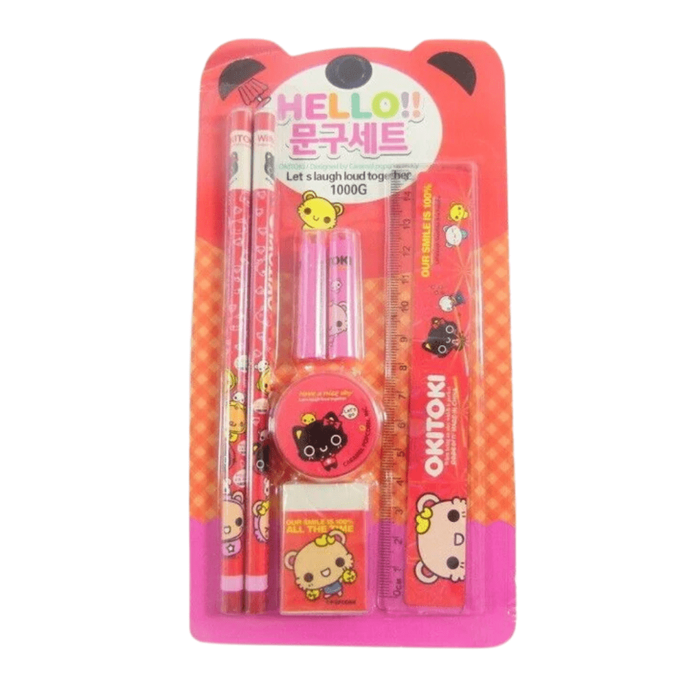 Kawaii Stationery Set - Okitoki 7 pieces Stationery Set (Pink) - PartyErasers