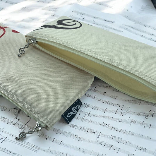 Music Themed Beige Zipper Pouch with Treble Clef Pencil Case Make Up Pouch - PartyErasers