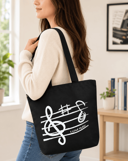 Music Themed Black Treble Clef Music Design Zipped Tote Bag Shopping Bag - PartyErasers