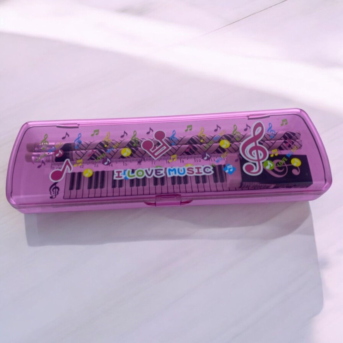 Music Themed Plastic Pencil Case Stationery Set with Ruler, Eraser and 2 Pencils - PartyErasers