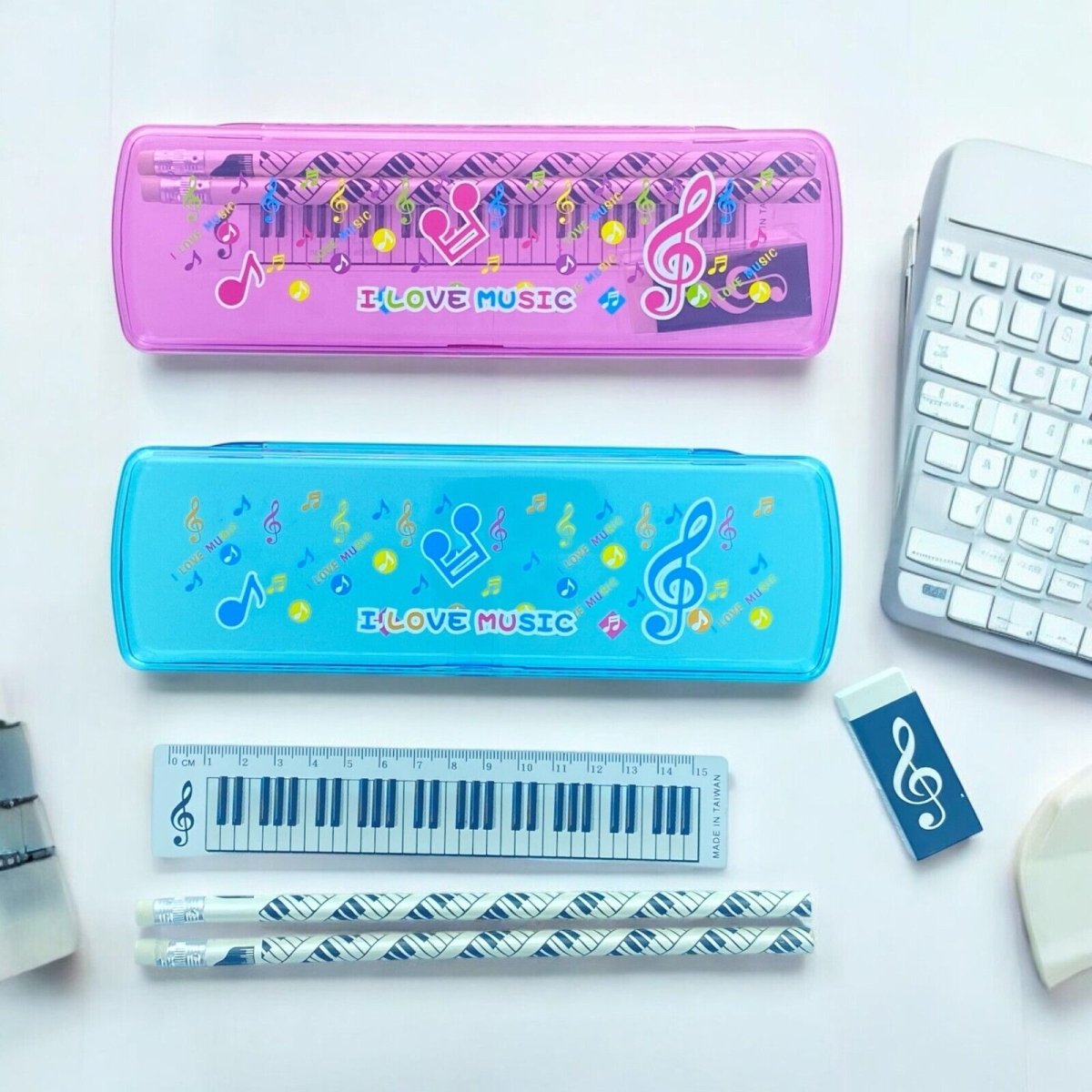 Music Themed Plastic Pencil Case Stationery Set with Ruler, Eraser and 2 Pencils - PartyErasers