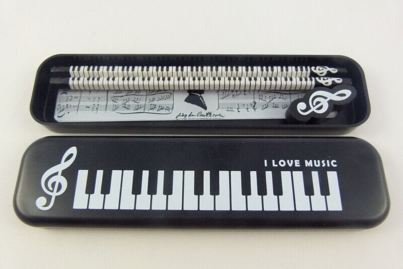 Music Themed Stationery Set - Black Plastic Pencil Case with HB Pencils, Blac... - PartyErasers