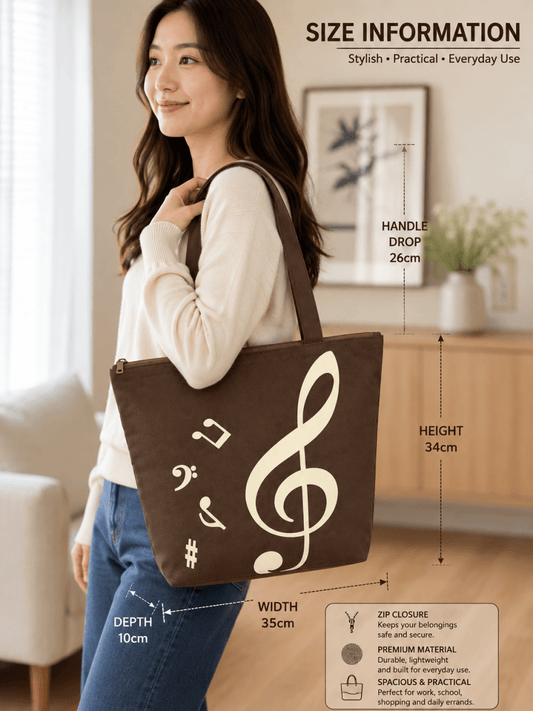 Music Themed Tote Bag - Treble Clef Music (Brown) - PartyErasers