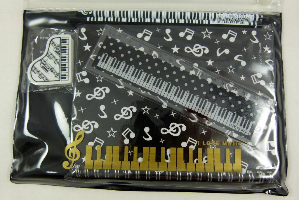 Music Themed Zipper Pouch Stationery Set - Black Musical Notes Spiral Bound N... - PartyErasers