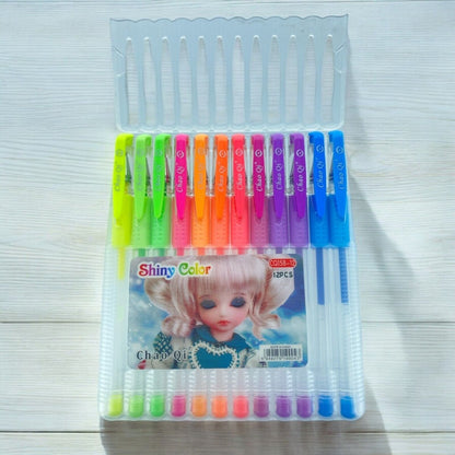 12 pack of Flouresent Neon Colour Glitter Gel Pens for Home School Office - PartyErasers