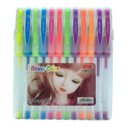 12 pack of Flouresent Neon Colour Glitter Gel Pens for Home School Office - PartyErasers