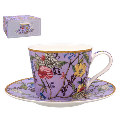 Leonardo William Kilburn Floral Tea Cup & Saucer Fine China Gift Box Set Purple