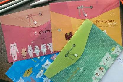 A4 Plastic Press Stud Document Wallets File Folders Filing - Cute Animal Ribbon