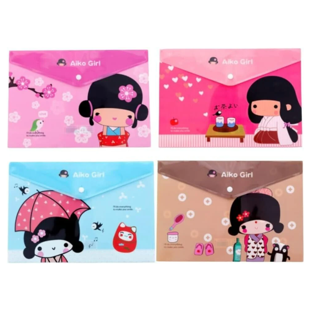 A4 Plastic Press Stud Document Wallets File Folders Filing - Japanese Girl
