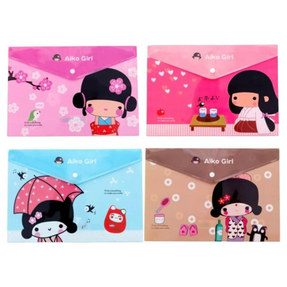 A4 Plastic Press Stud Document Wallets File Folders Filing - Japanese Girl