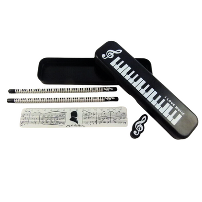 Music Themed Stationery Set - Black Plastic Pencil Case with HB Pencils, Blac...