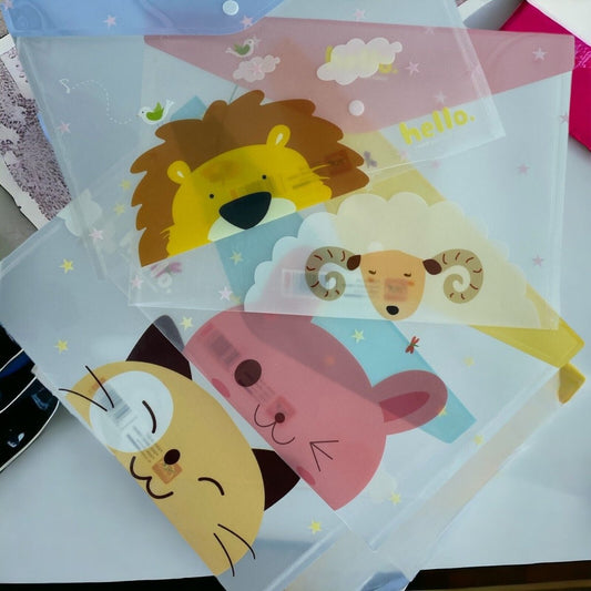 A4 Plastic Document Wallets File Folders Filing - Cute Animal Face - PartyErasers