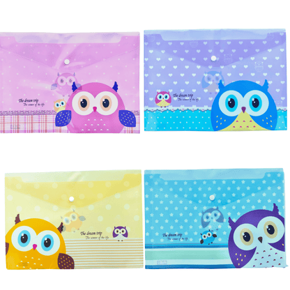 A4 Plastic Press Stud Document Wallets File Folders Filing - Cute Owl - PartyErasers