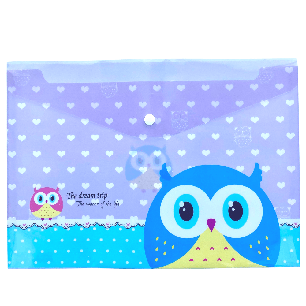 A4 Plastic Press Stud Document Wallets File Folders Filing - Cute Owl - PartyErasers