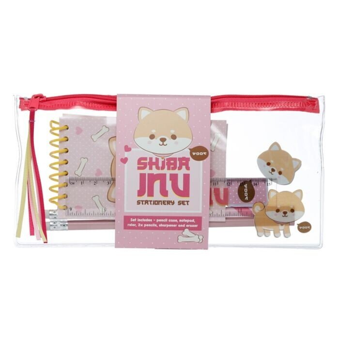 Adoramals Pets Shiba Inu Dog 7 Piece Clear Pencil Case Stationery Set - PartyErasers