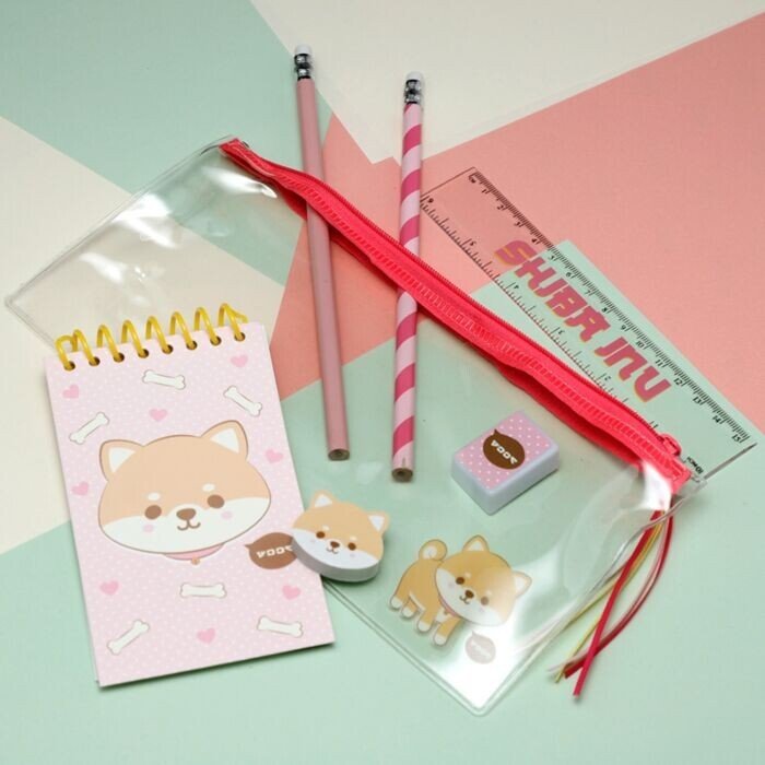 Adoramals Pets Shiba Inu Dog 7 Piece Clear Pencil Case Stationery Set - PartyErasers