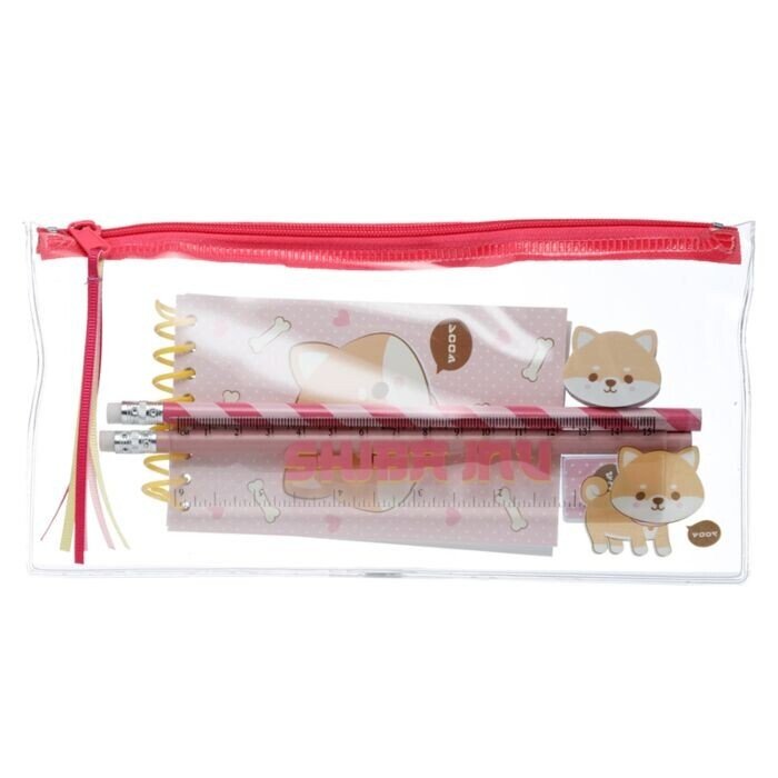 Adoramals Pets Shiba Inu Dog 7 Piece Clear Pencil Case Stationery Set - PartyErasers