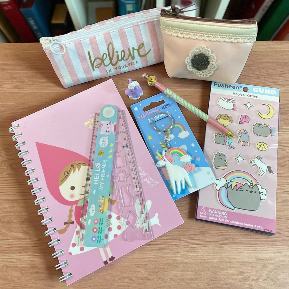 Back to School Stationery Gift Hamper/Box with Pusheen, Unicorn, Notebook Pencil - PartyErasers