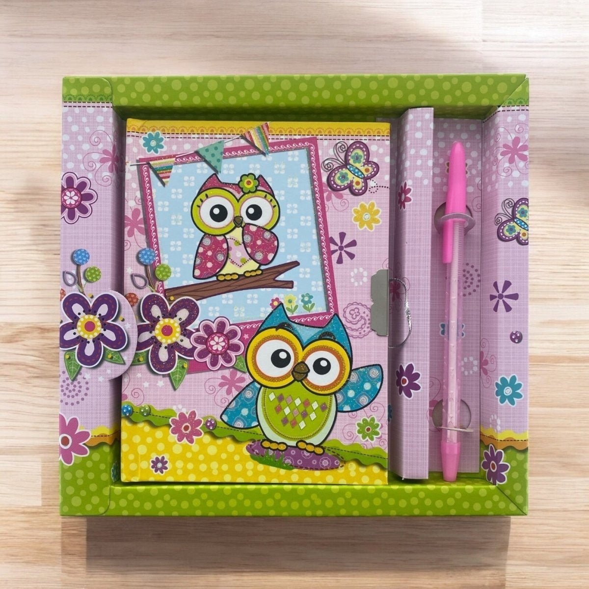 Bundle & Save - 8 Cute Owl Lockable Diary Notebook Set with Key & Pen - PartyErasers