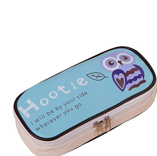 Cartoon PU Animal Blue Owl Pattern Student Pen Pencil Case Cosmetic Travel Ma... - PartyErasers