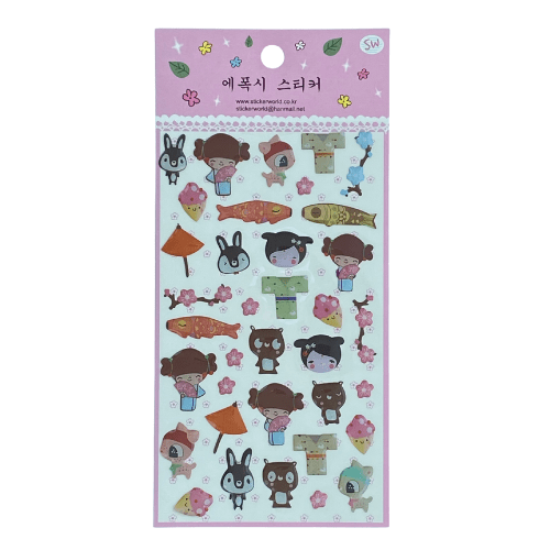 Cute Japanese Girls Kokeshi Doll Stickers ( Pack of 2) or Party Bag, Scrapbook - PartyErasers