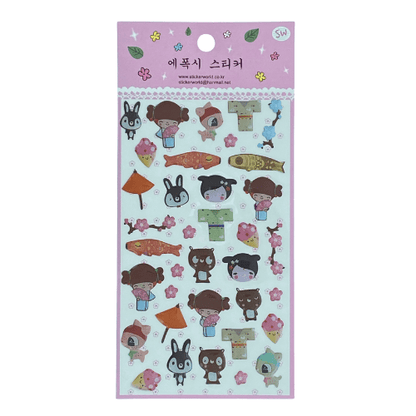 Cute Japanese Girls Kokeshi Doll Stickers ( Pack of 2) or Party Bag, Scrapbook - PartyErasers