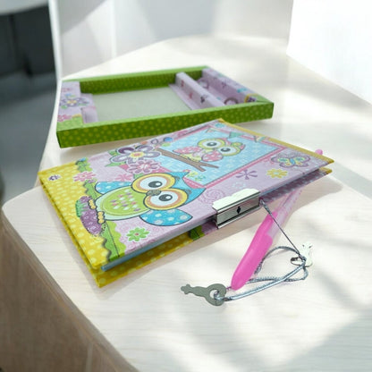Cute Owl Secret Lockable Notebook/Diary/Journal with Key and Pen Box Set - PartyErasers