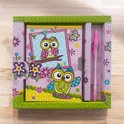 Cute Owl Secret Lockable Notebook/Diary/Journal with Key and Pen Box Set - PartyErasers