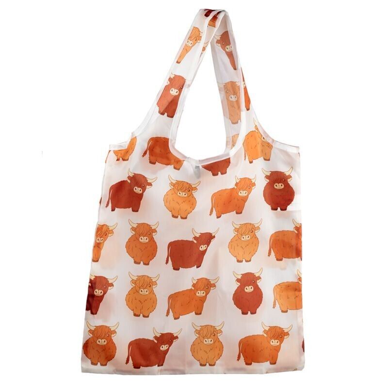 Foldable Reusable Shopping Bag Tote bag Fold Away bag Highland Coo Cow - PartyErasers
