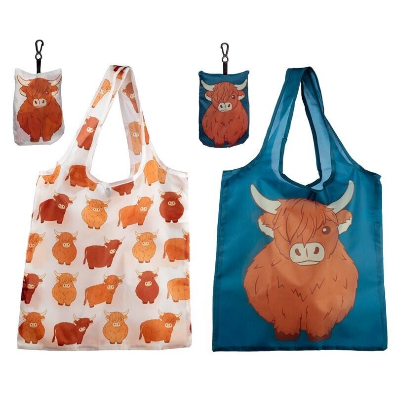 Foldable Reusable Shopping Bag Tote bag Fold Away bag Highland Coo Cow - PartyErasers