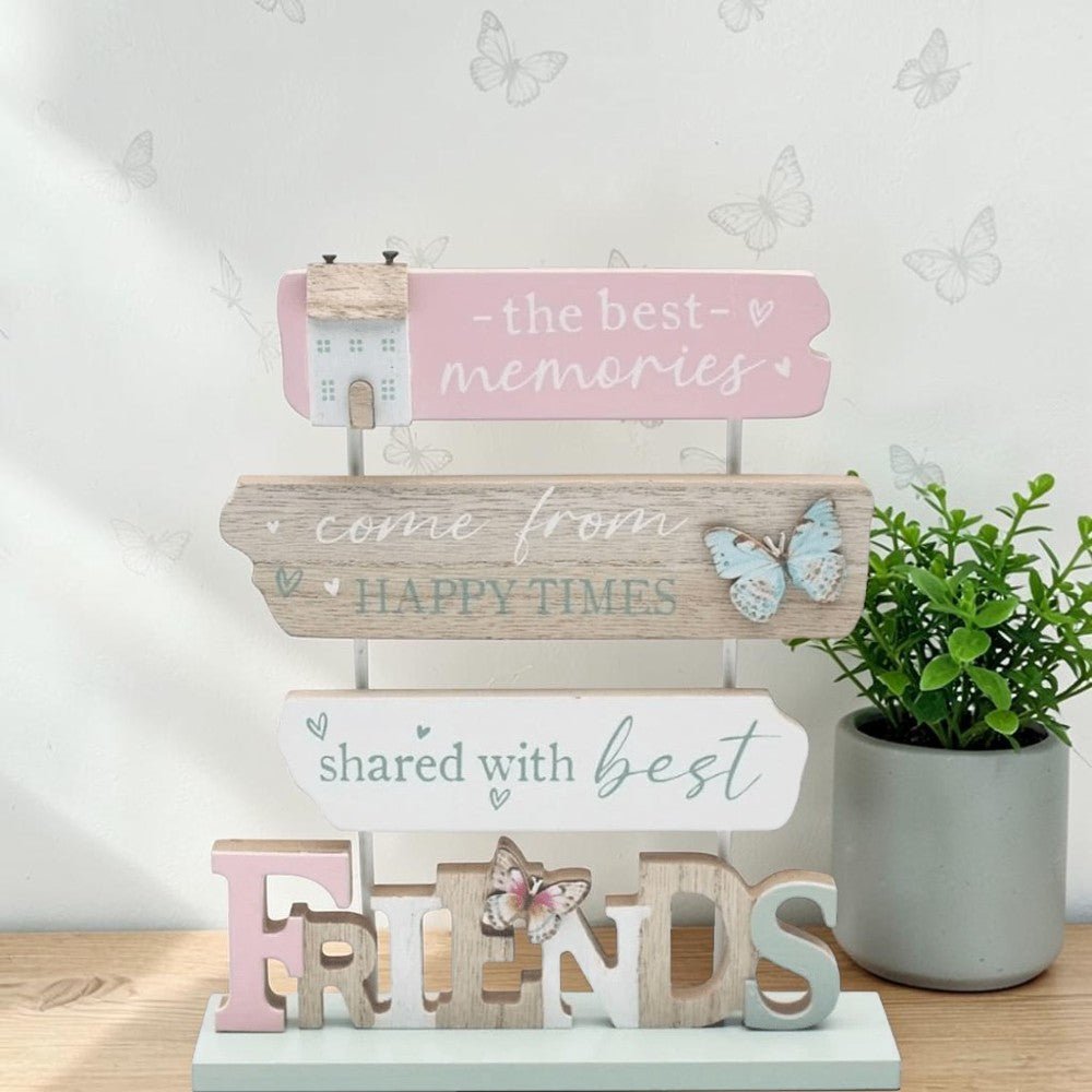 Friends Wooden Plaque Sign with Butterfly Decoration –Freestanding Home Ornament - PartyErasers