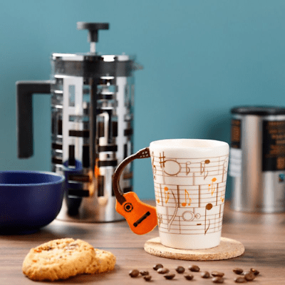 Guitar with Sheet Music Decal Ceramic Shaped Handle Mug (Brown) - PartyErasers