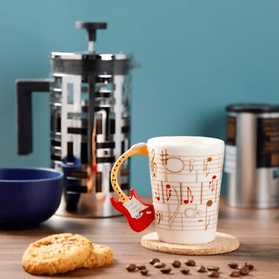 Guitar with Sheet Music Decal Ceramic Shaped Handle Mug (Red) - PartyErasers