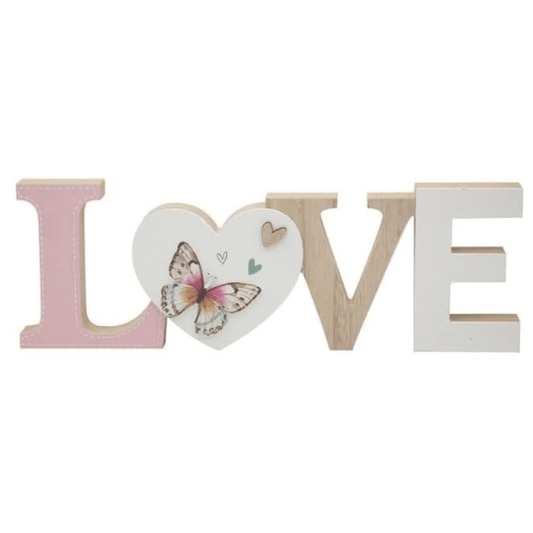LOVE Wooden Freestanding Plaque with Butterfly Decoration – Home Décor Gift - PartyErasers