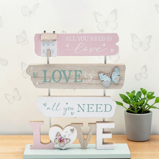 LOVE Wooden Plaque Sign with Butterfly Decoration – Freestanding Home Ornament - PartyErasers