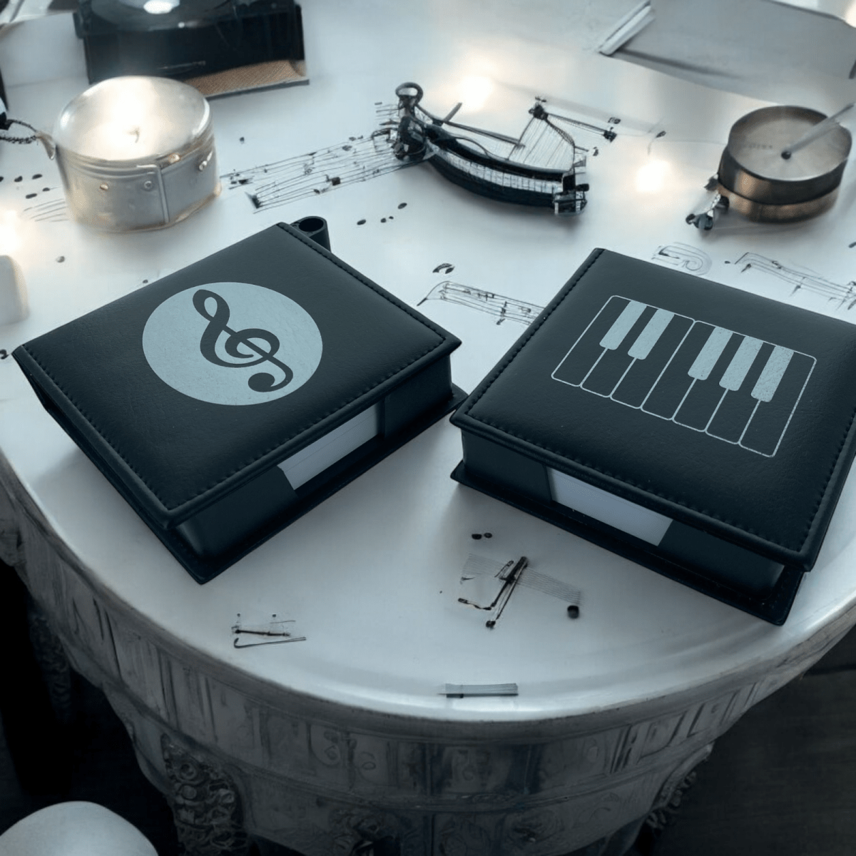 Music Theme Notepad Memo Pad Paper in PU Leather Box with Pen Holder - PartyErasers