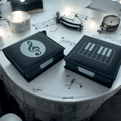 Music Theme Notepad Memo Pad Paper in PU Leather Box with Pen Holder - PartyErasers